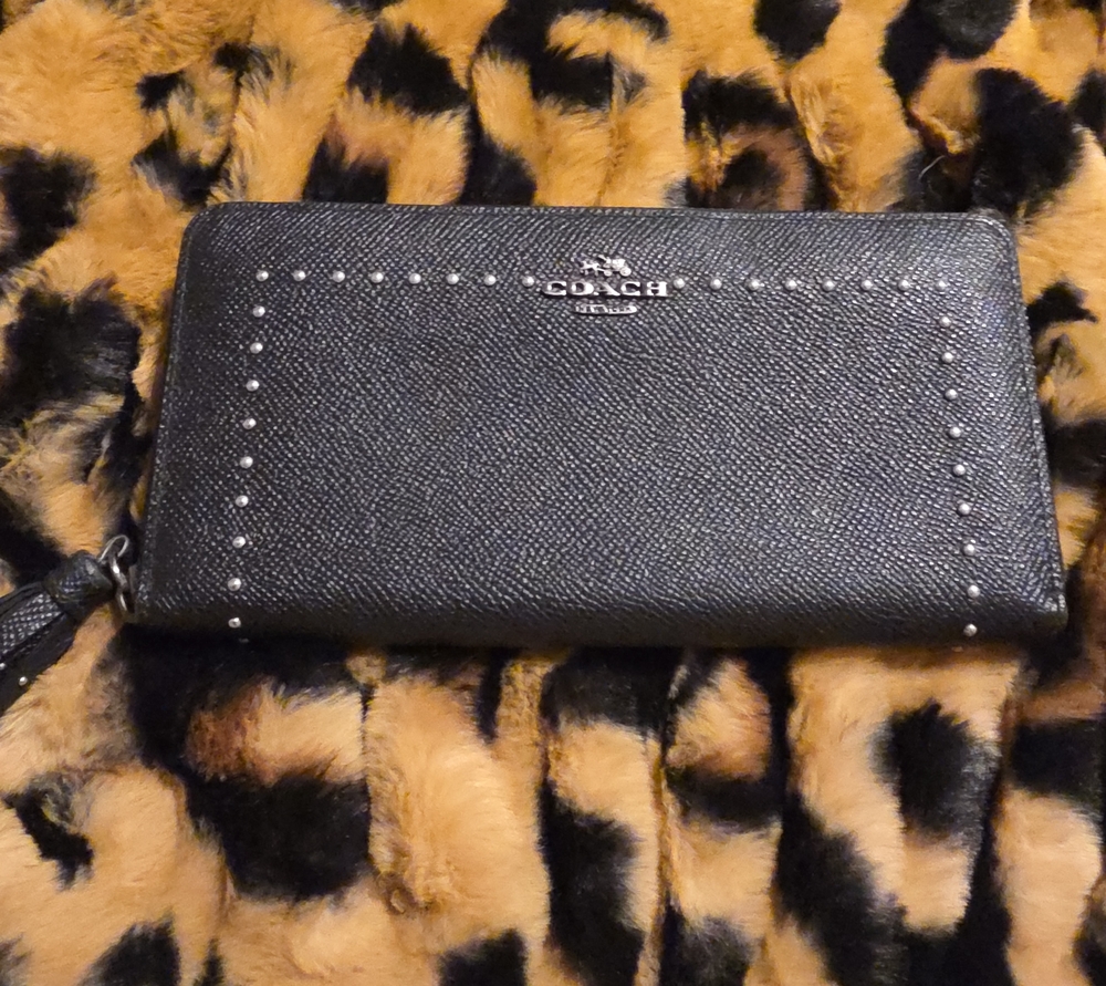 Coach Black Saffiano Leather Zip Wallet with Stud Accents